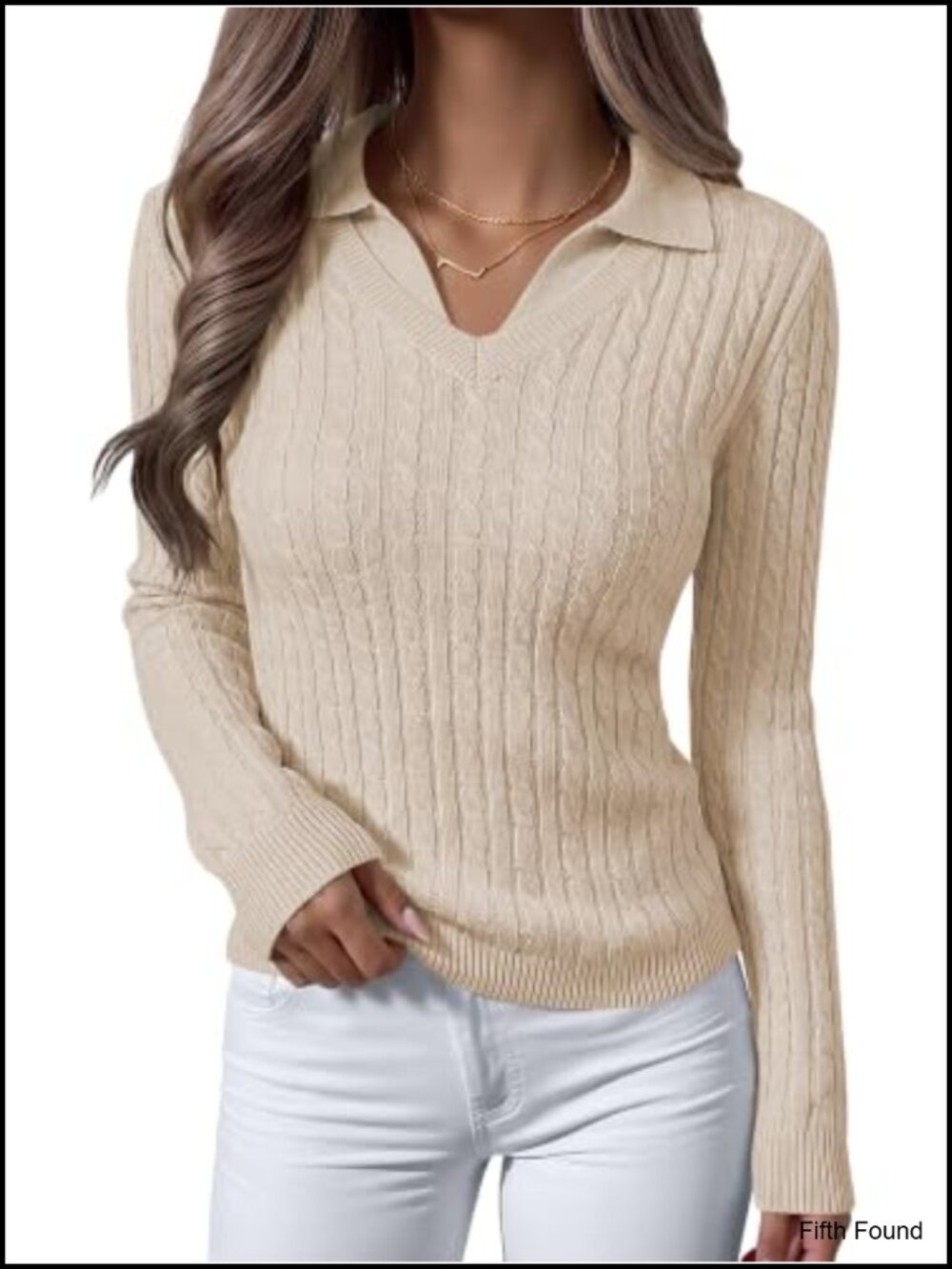 Women's Cable Knit Polo Sweater Long Sleeve Slim Fit Pullover